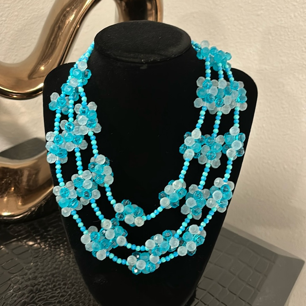 Vintage W Germany ice blue aqua turquoise beads 3 strand necklace